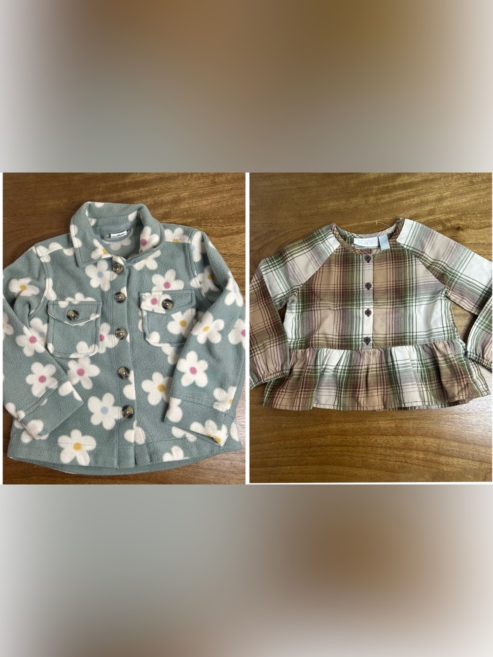 Girls Floral Fleece Jacket & Plaid Peplum Top - Blue Floral / Tan Plaid